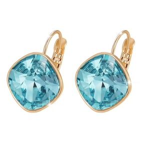 Goldtone & Cushion Cut Swarovski Crystal Leverback Earrings in Lt Turquoise